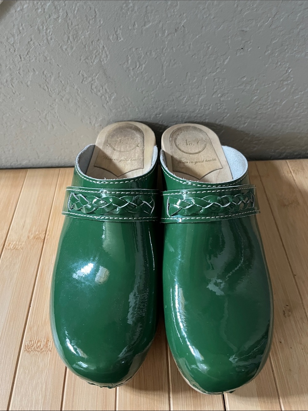 No.6 Bridget wedge Patent Forest Green Leather Clogs with Braided Strap - 40